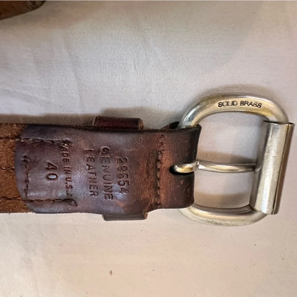 Vintage Made in USA Solid Brass Buckle Brown Leather Belt 40 (36–46 Fit)